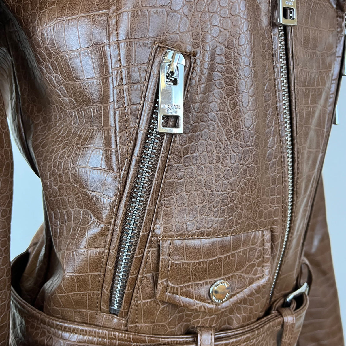 Michael Kors Womens Brown Polyurethane Croc-Embossed Belted Moto Jacket Sz XS