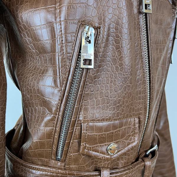 Michael Kors Womens Brown Polyurethane Croc-Embossed Belted Moto Jacket Sz XS