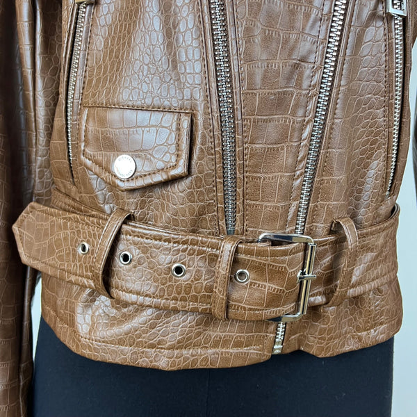 Michael Kors Womens Brown Polyurethane Croc-Embossed Belted Moto Jacket Sz XS
