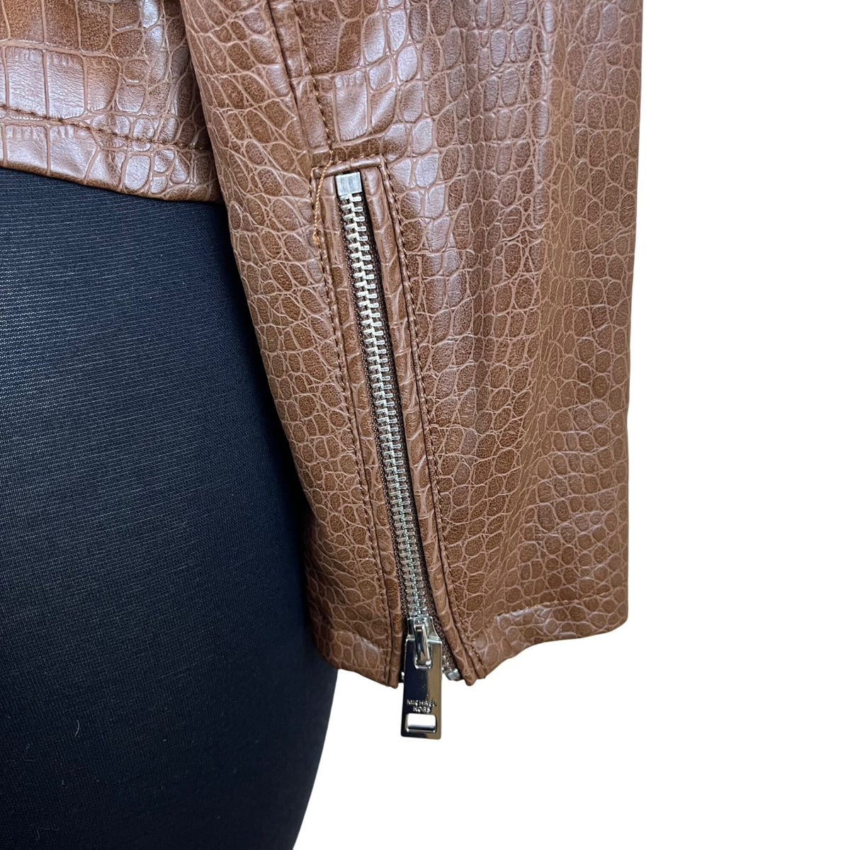 Michael Kors Womens Brown Polyurethane Croc-Embossed Belted Moto Jacket Sz XS