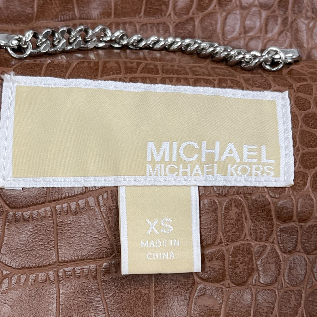 Michael Kors Womens Brown Polyurethane Croc-Embossed Belted Moto Jacket Sz XS