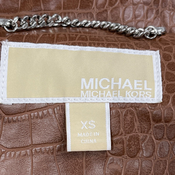 Michael Kors Womens Brown Polyurethane Croc-Embossed Belted Moto Jacket Sz XS