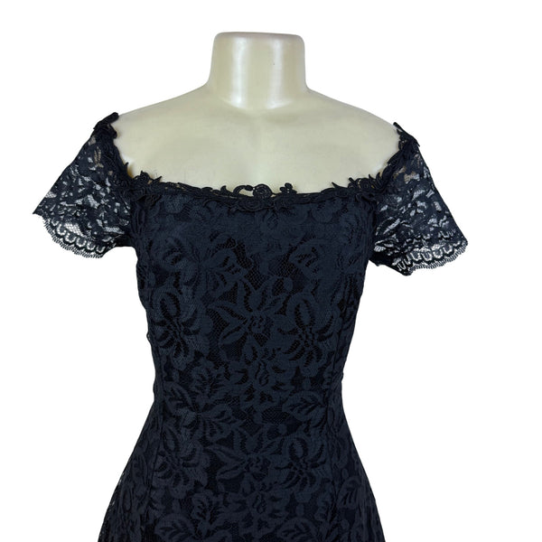 Vintage Roberta Elegant Black Lace Off-Shoulder Dress Short Sleeve A-Line