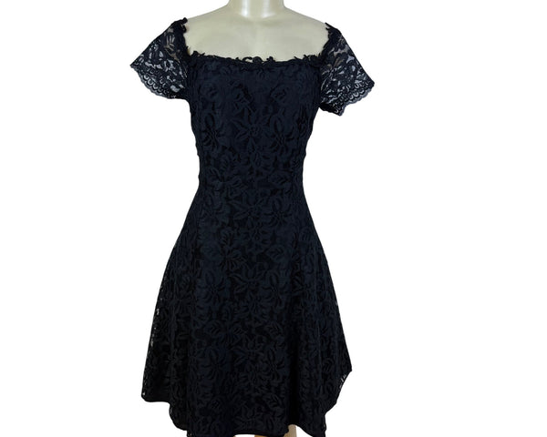 Vintage Roberta Elegant Black Lace Off-Shoulder Dress Short Sleeve A-Line