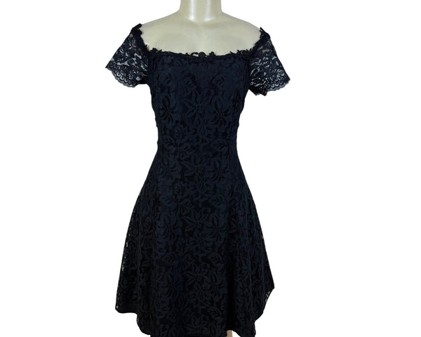 Vintage Roberta Elegant Black Lace Off-Shoulder Dress Short Sleeve A-Line