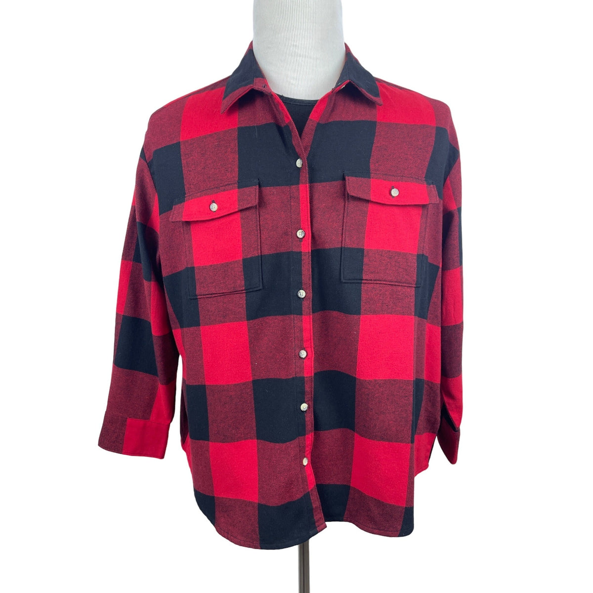 Old Navy Women's Black Red Flannel Plaid Long Sleeve Shirt Sz L Petite - NWT
