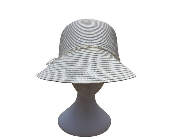 Preston & York Womens White Woven Cloche Hat With Decorative Bow Accent