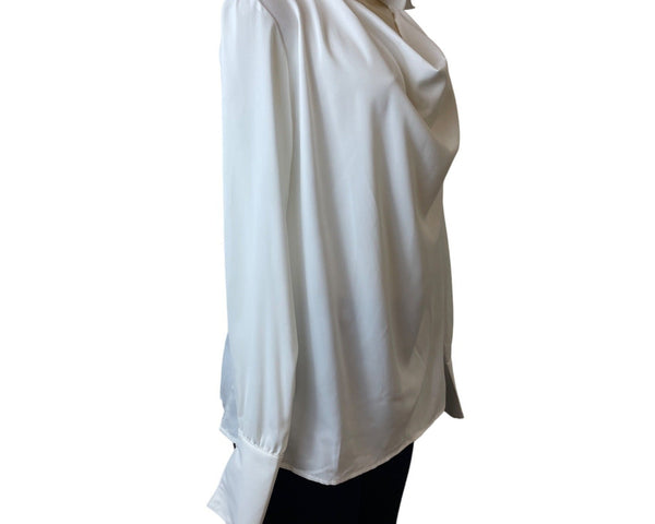 White Long Sleeve Blouse With Cowl Neck & Button Cuffs For Women Sz L - New