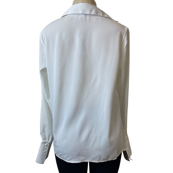 White Long Sleeve Blouse With Cowl Neck & Button Cuffs For Women Sz L - New