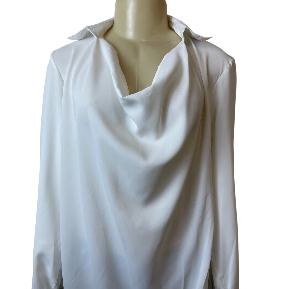 White Long Sleeve Blouse With Cowl Neck & Button Cuffs For Women Sz L - New