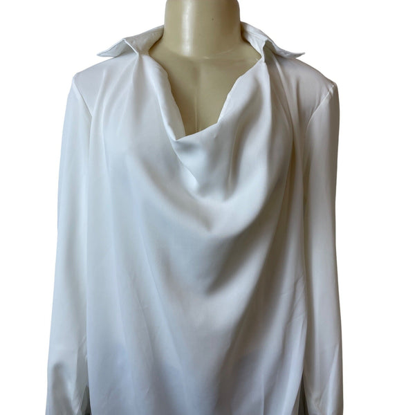 White Long Sleeve Blouse With Cowl Neck & Button Cuffs For Women Sz L - New