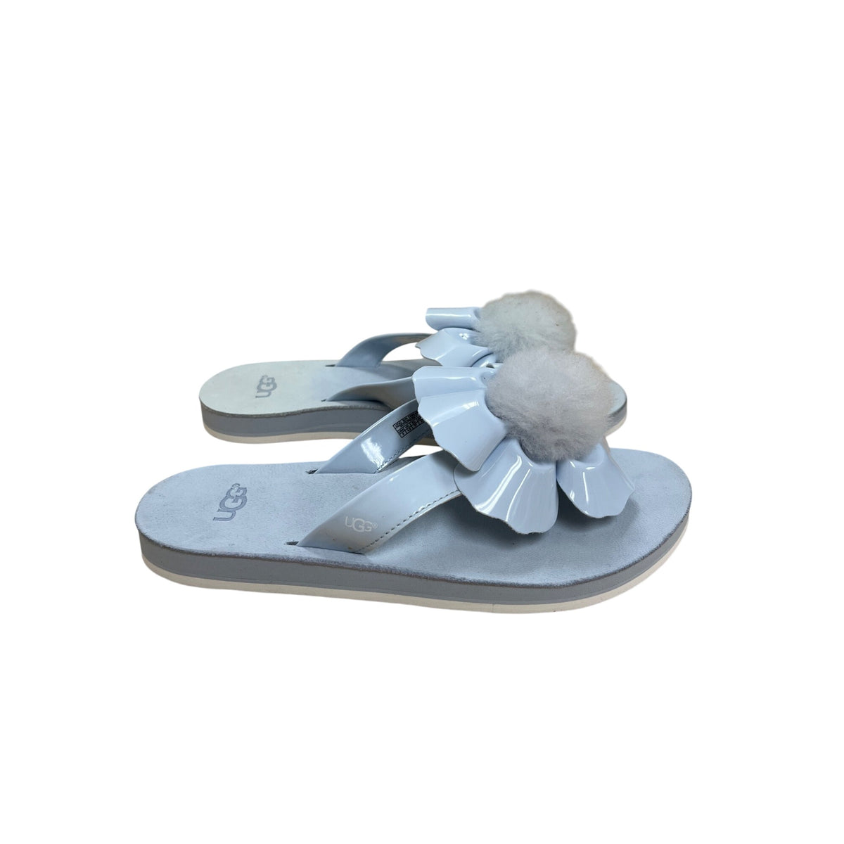 UGG Womens Light Blue Faux Leather Daisy Pom Sandals Size 6 Comfort Casual Slide Made In China