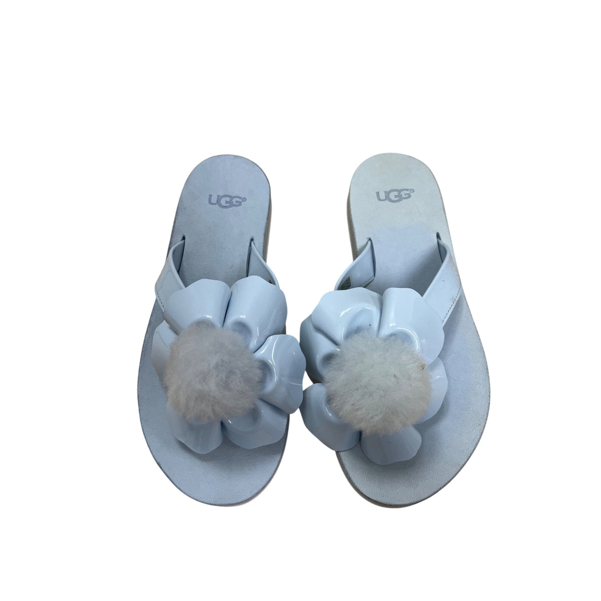 UGG Womens Light Blue Faux Leather Daisy Pom Sandals Size 6 Comfort Casual Slide Made In China