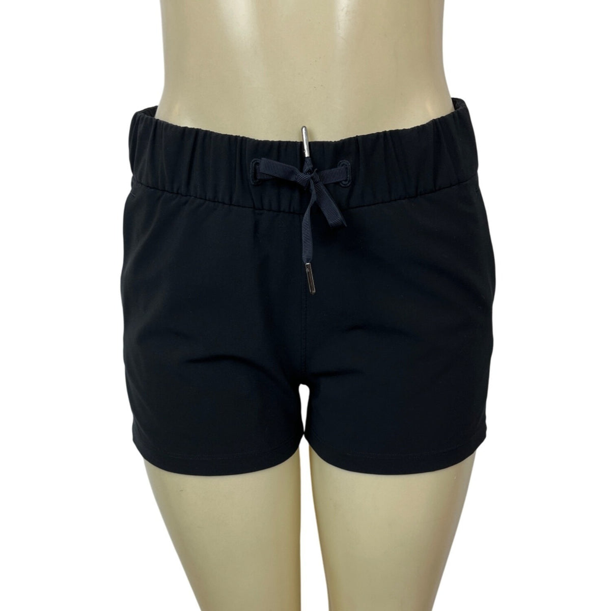 Black Elastic Waistband Womens Shorts With Drawstring
