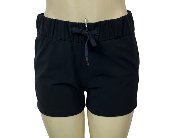 Black Elastic Waistband Womens Shorts With Drawstring