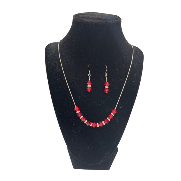 Silver Tone Womens Red Crystal Bead Necklace & Drop Earrings Jewelry Set Elegant