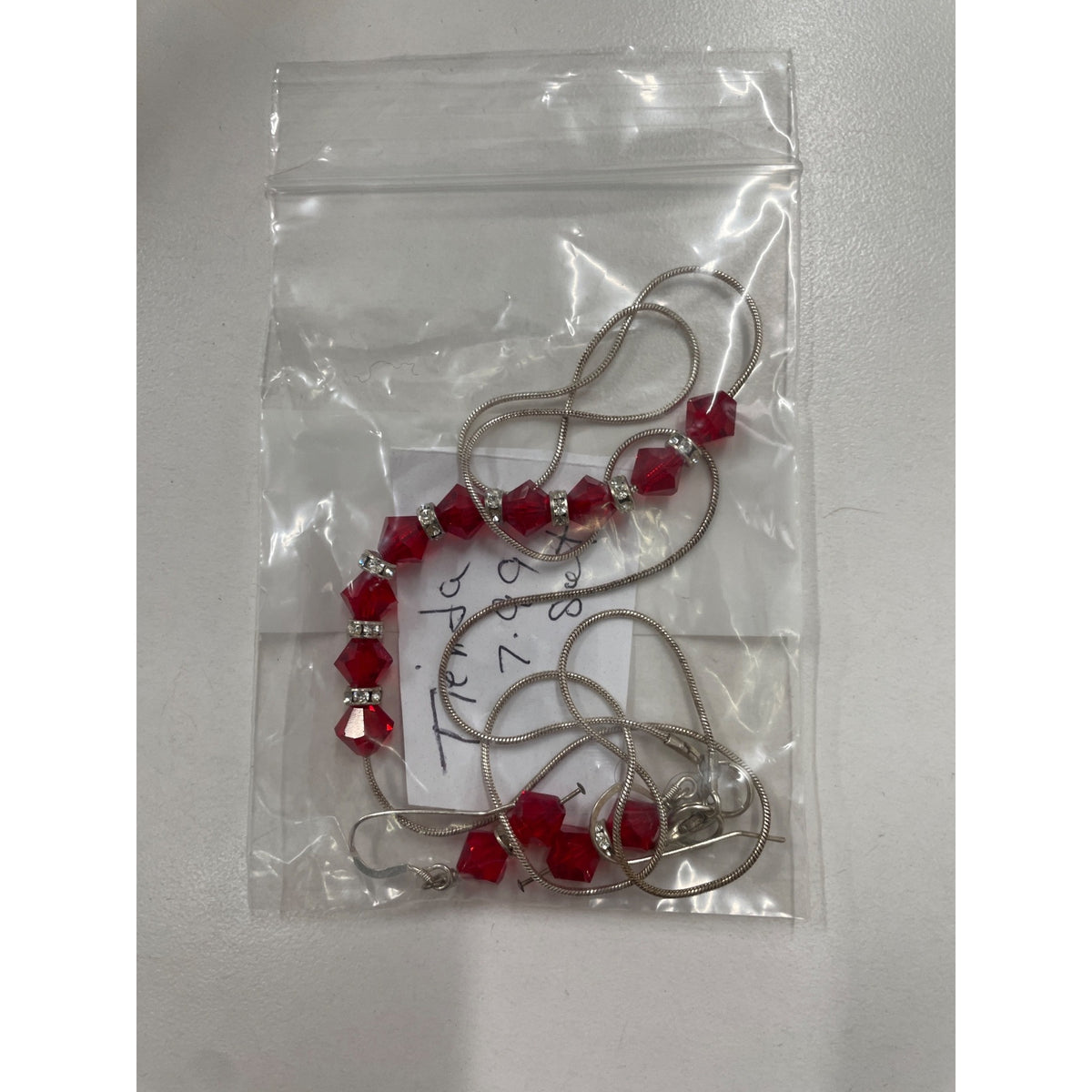 Silver Tone Womens Red Crystal Bead Necklace & Drop Earrings Jewelry Set Elegant