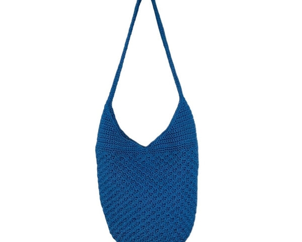 The Sak Blue Crochet Shoulder Bag With Nylon Twill Magnetic Snap Closure Size M