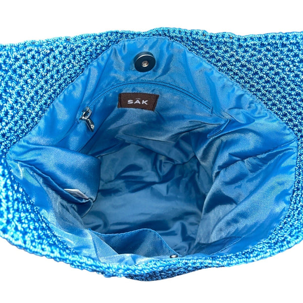 The Sak Blue Crochet Shoulder Bag With Nylon Twill Magnetic Snap Closure Size M