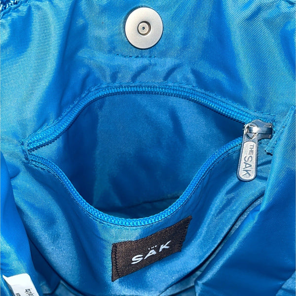 The Sak Blue Crochet Shoulder Bag With Nylon Twill Magnetic Snap Closure Size M