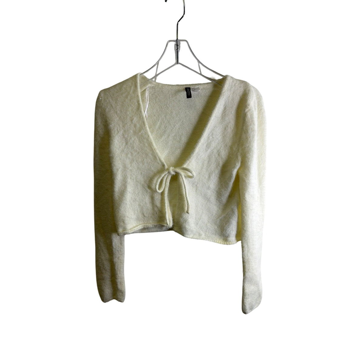 H&M Womens Off-White Fuzzy Open-Front Cardigan With Tie Medium Cozy Soft Long Sleeve