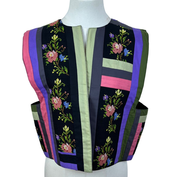 Vintage Carolinda Women's Multicolor Embroidered Floral Striped Vest Handcrafted