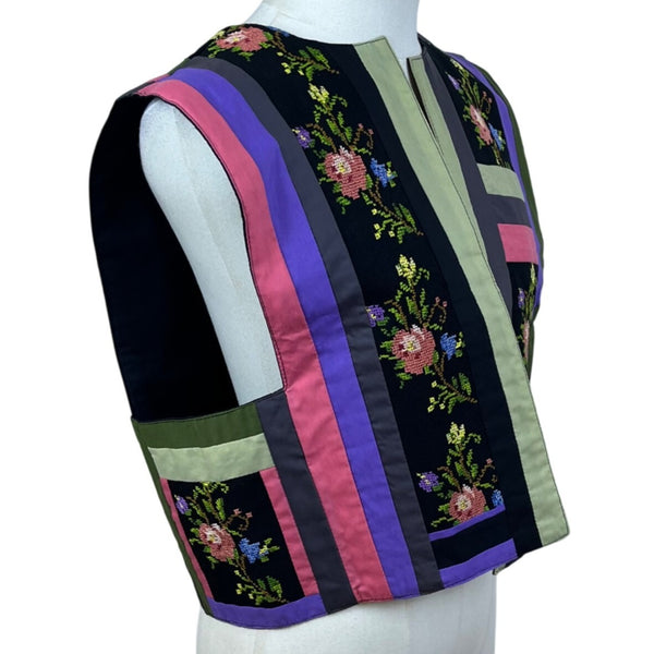 Vintage Carolinda Women's Multicolor Embroidered Floral Striped Vest Handcrafted