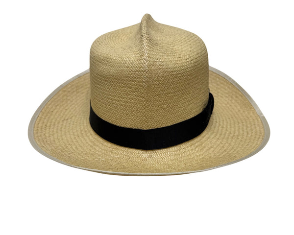 Vintage Genuine Panama Handwoven Straw Wide Brim Hat Black Ribbon Size 6 7/8
