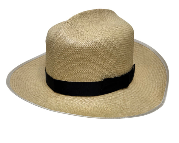Vintage Genuine Panama Handwoven Straw Wide Brim Hat Black Ribbon Size 6 7/8