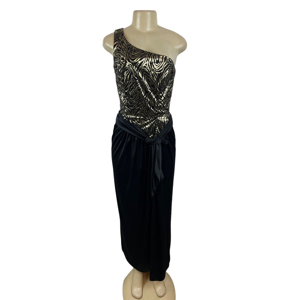 Vintage One-Shoulder Metallic Zebra Print Dress With Black Skirt & Tie Waist Size XS/S