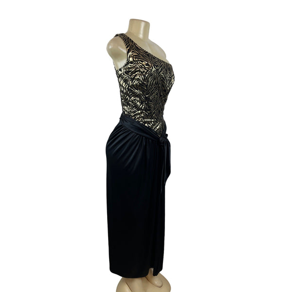 Vintage One-Shoulder Metallic Zebra Print Dress With Black Skirt & Tie Waist Size XS/S
