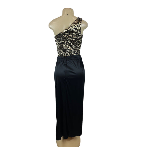 Vintage One-Shoulder Metallic Zebra Print Dress With Black Skirt & Tie Waist Size XS/S