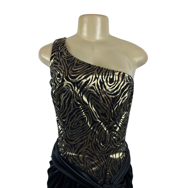 Vintage One-Shoulder Metallic Zebra Print Dress With Black Skirt & Tie Waist Size XS/S