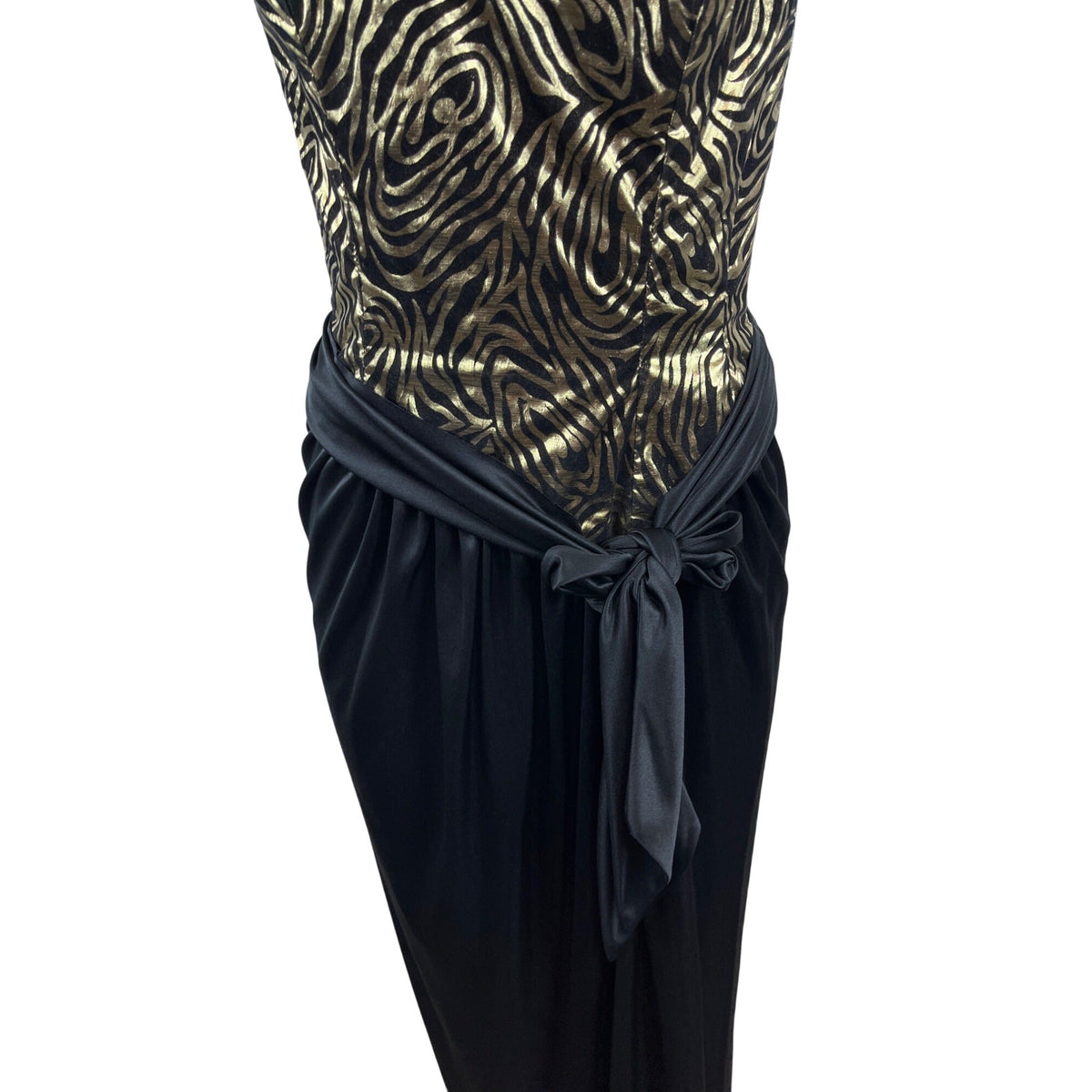 Vintage One-Shoulder Metallic Zebra Print Dress With Black Skirt & Tie Waist Size XS/S