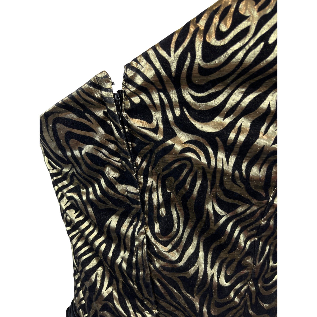 Vintage One-Shoulder Metallic Zebra Print Dress With Black Skirt & Tie Waist Size XS/S