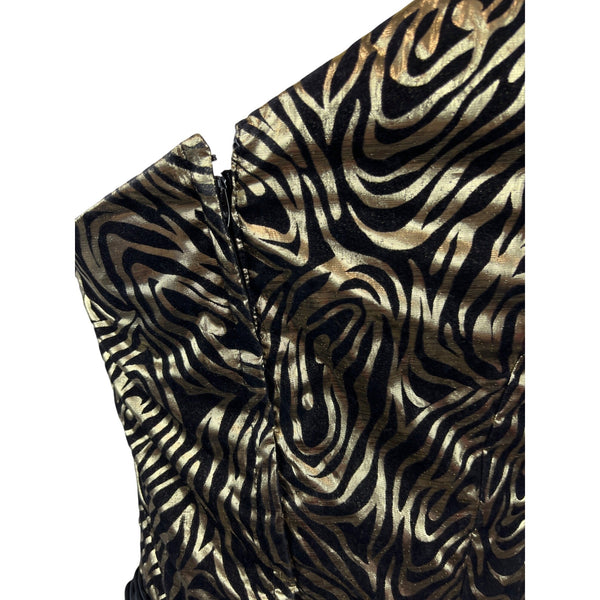 Vintage One-Shoulder Metallic Zebra Print Dress With Black Skirt & Tie Waist Size XS/S