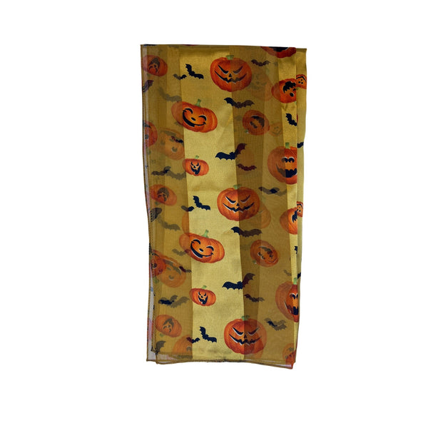 Halloween Pumpkin & Bat Print Sheer Yellow Scarf Lightweight Seasonal Novelty Design