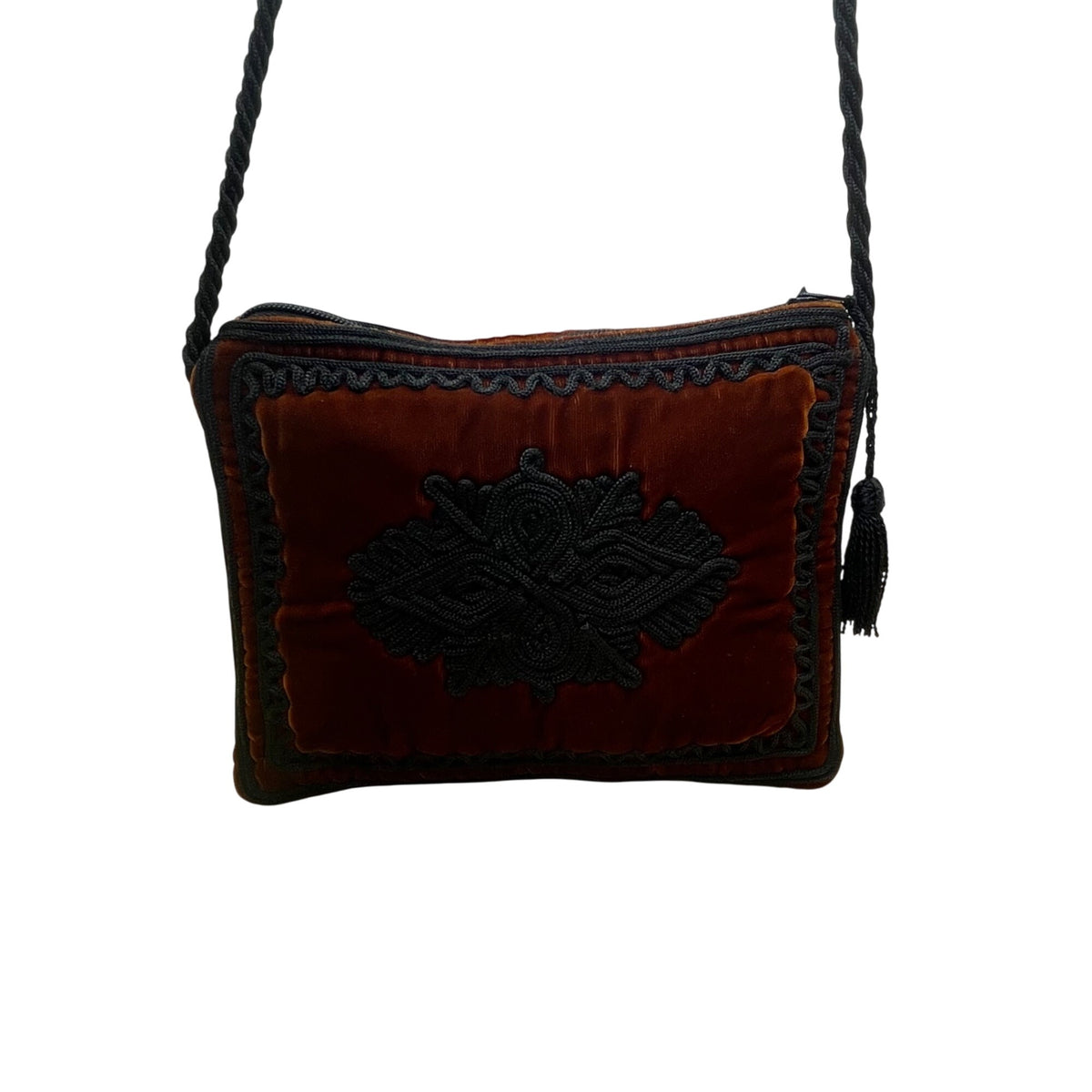 Women’s Orange & Black Velvet Embroidered Tassel Zipper Strap Crossbody Purse