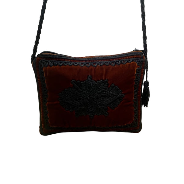 Women’s Orange & Black Velvet Embroidered Tassel Zipper Strap Crossbody Purse
