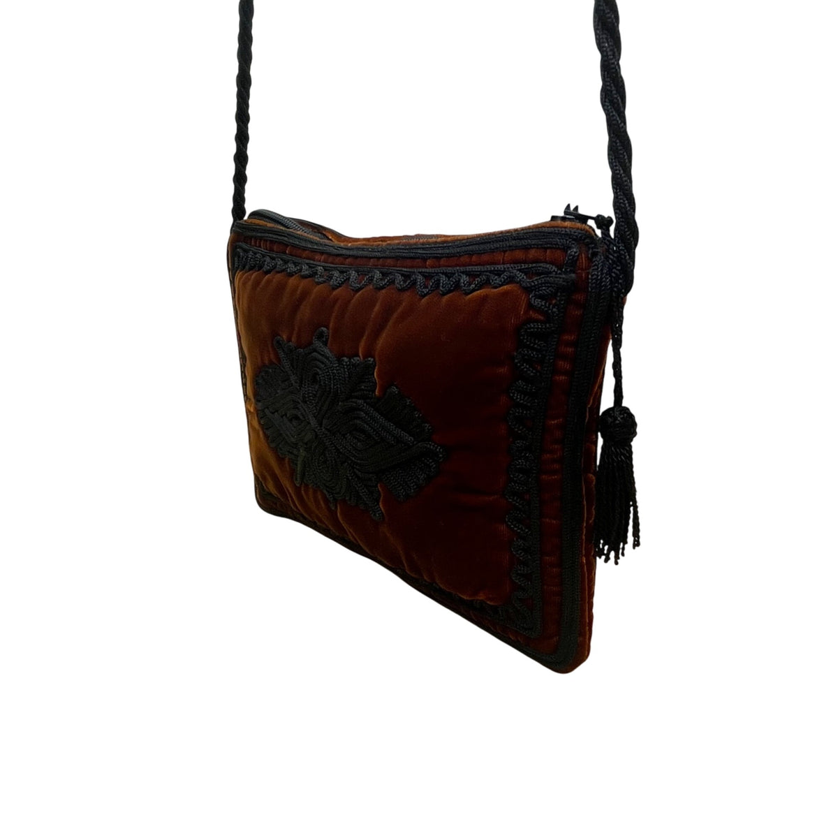 Women’s Orange & Black Velvet Embroidered Tassel Zipper Strap Crossbody Purse