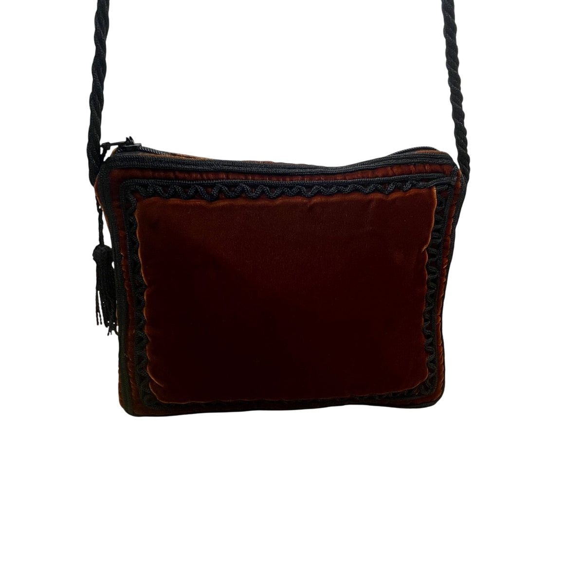 Women’s Orange & Black Velvet Embroidered Tassel Zipper Strap Crossbody Purse