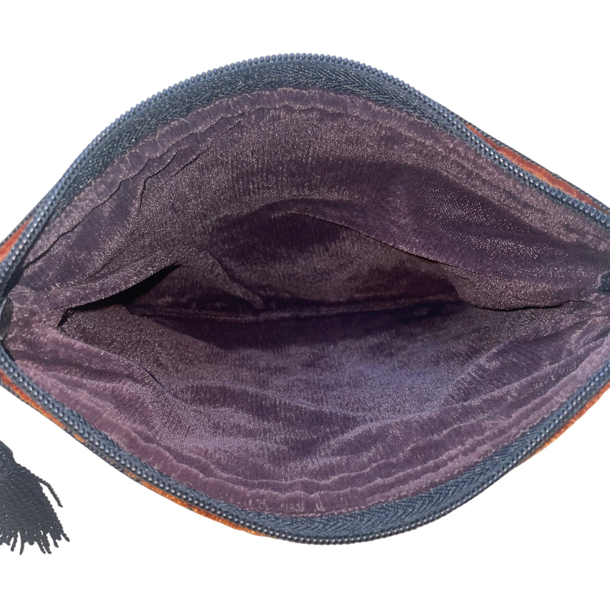 Women’s Orange & Black Velvet Embroidered Tassel Zipper Strap Crossbody Purse