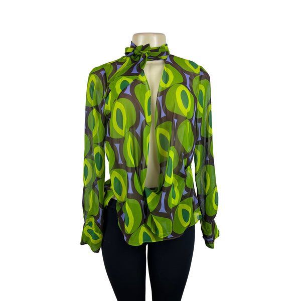 Zara Women's Retro Green & Brown Geometric Print Sheer Blouse Sz S - New