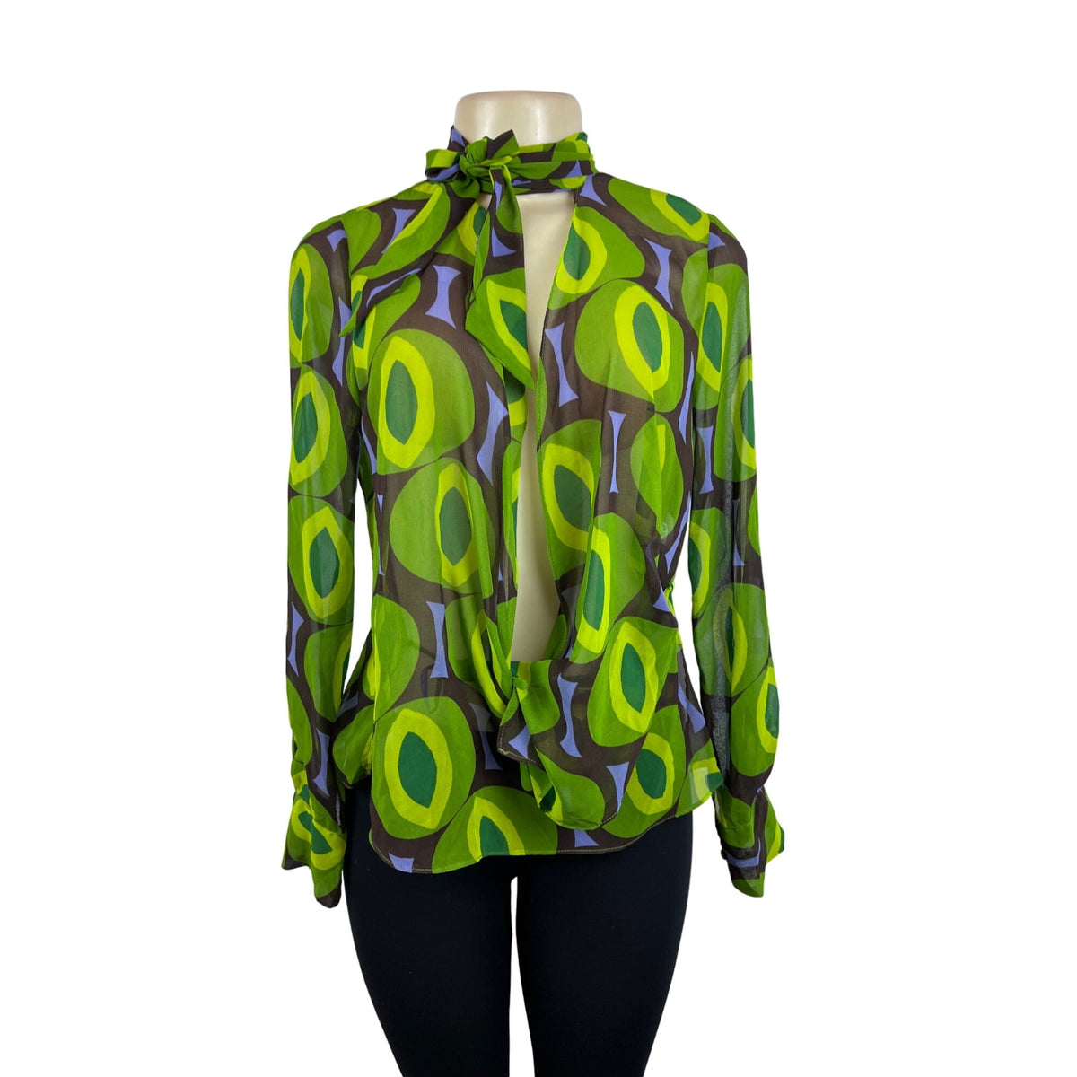 Zara Women's Retro Green & Brown Geometric Print Sheer Blouse Sz S - New