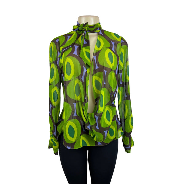 Zara Women's Retro Green & Brown Geometric Print Sheer Blouse Sz S - New