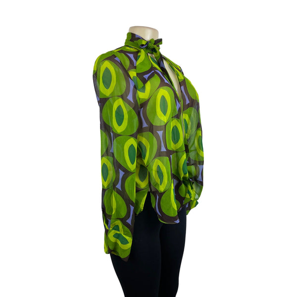 Zara Women's Retro Green & Brown Geometric Print Sheer Blouse Sz S - New