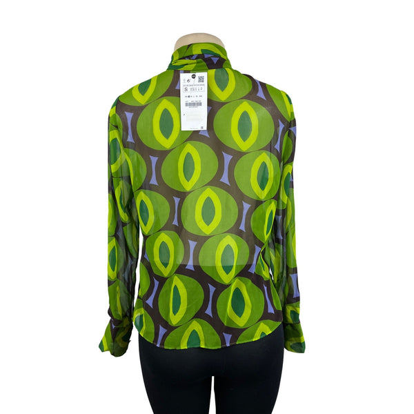 Zara Women's Retro Green & Brown Geometric Print Sheer Blouse Sz S - New