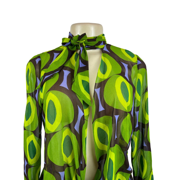 Zara Women's Retro Green & Brown Geometric Print Sheer Blouse Sz S - New