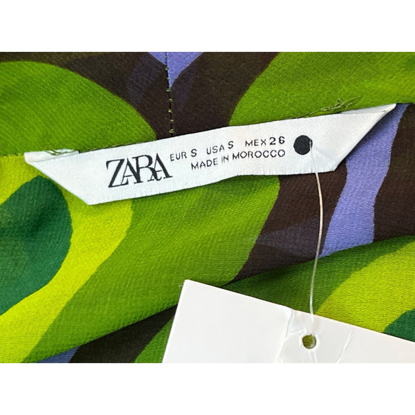 Zara Women's Retro Green & Brown Geometric Print Sheer Blouse Sz S - New