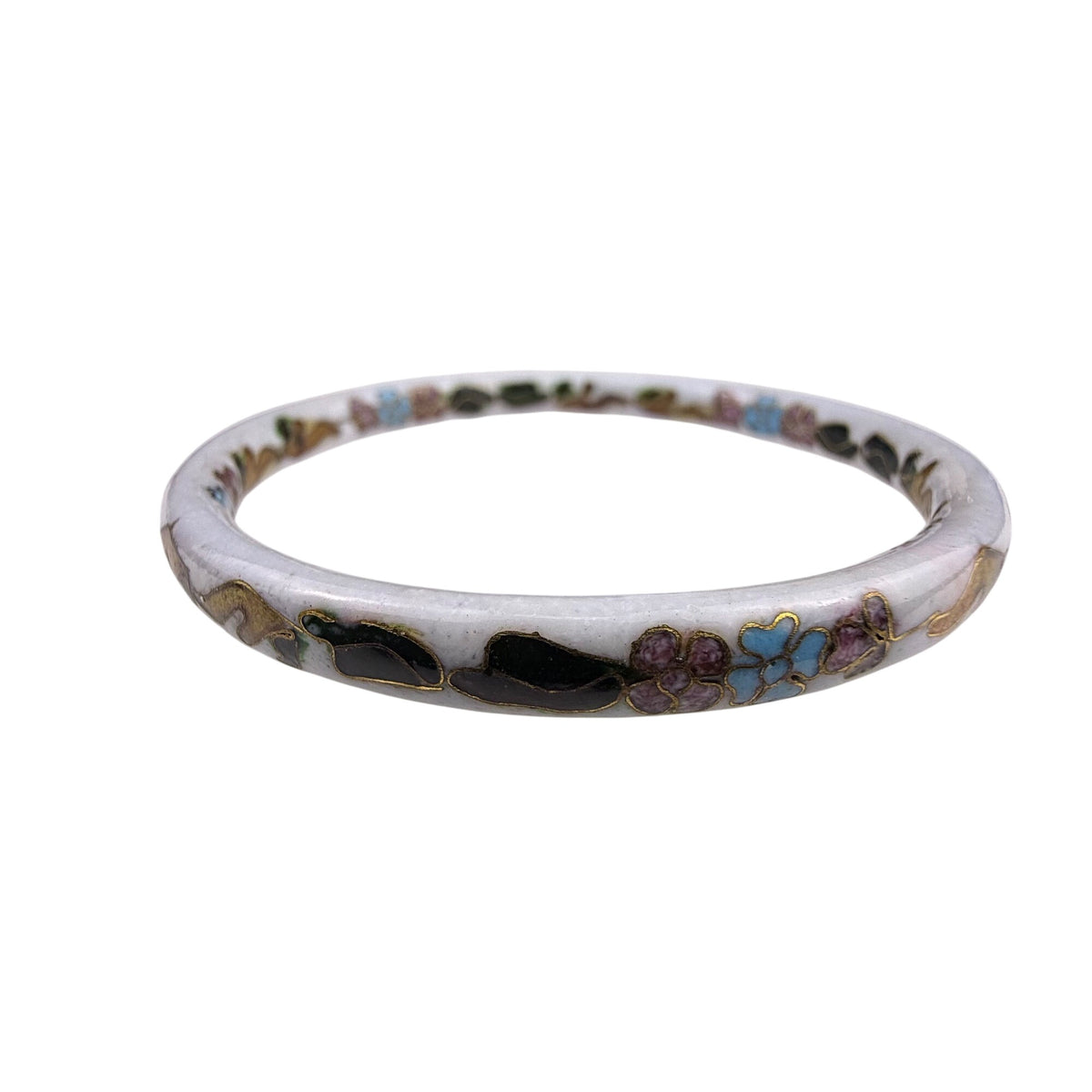 White Cloisonné Enamel Women’s Floral Bangle Bracelet Vintage Handmade Jewelry